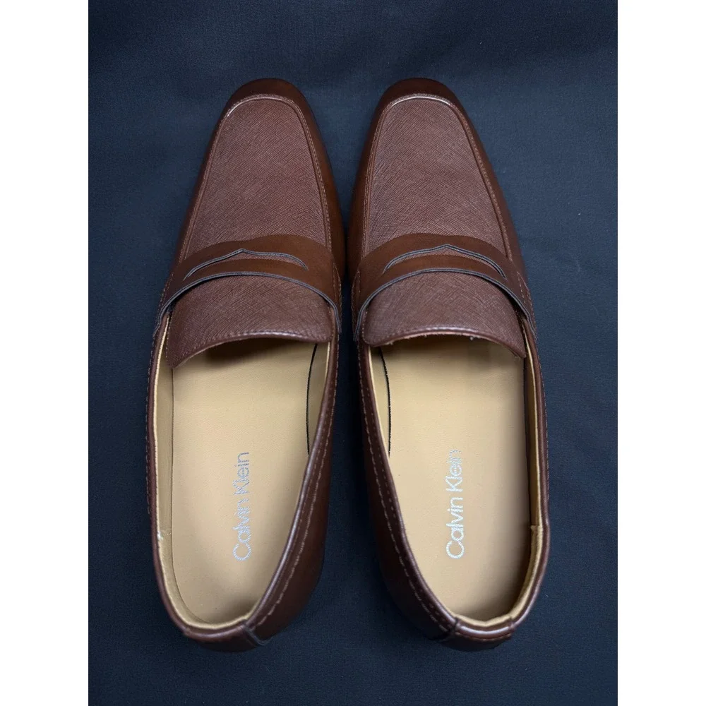 Calvin Klein Mens CMJUNBERG-R Brown Textured Penny Loafers Dress Shoes 10.5
